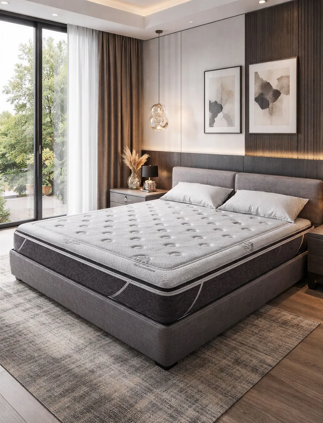Dispositivo Luxor Prime de Vida10 sobre cama en dormitorio nocturno, con detalle del tejido Graphene
